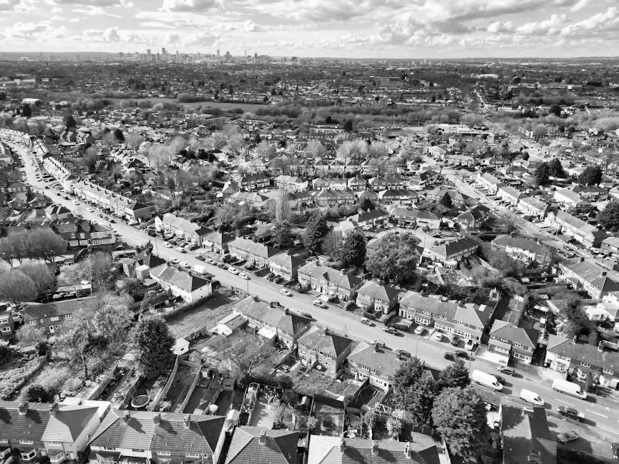 A black and white aerial photograph showcasing a residential neighbourhood with rows of terraced houses and semi-detached homes, lining a central street with parked cars along both sides. The image highlights the tightly packed houses with pitched roofs, small back gardens enclosed by fences, and a few trees scattered throughout the area. In the background, an expansive view of the city skyline and distant high-rise buildings is visible, under partly cloudy skies. The photograph captures the layout of the homes, streets, and surrounding open spaces, illustrating typical street-level details relevant to home relocation or house removals services by Man with Van Highams Park, with the scene situated within a suburban environment suitable for packing, loading, and furniture transport involved in moving logistics.